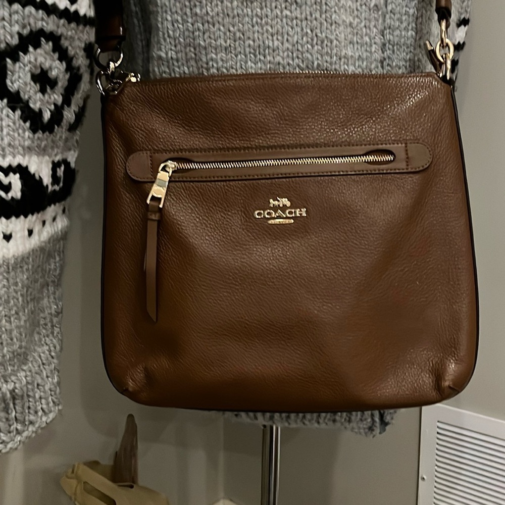 Coach Mae File Crossbody Bag Brown Pebble Leather with Gold Hardware